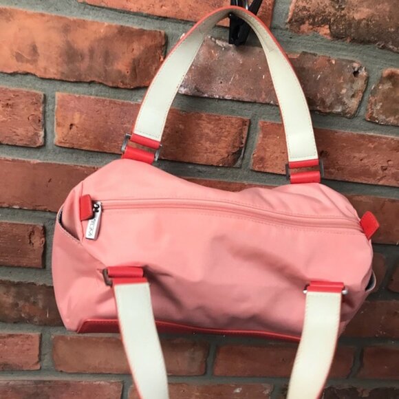 TUMI Nylon Satchel Leather Handles Purse Shoulder Bag Zip Pocket Pink Red Small - Picture 6 of 16
